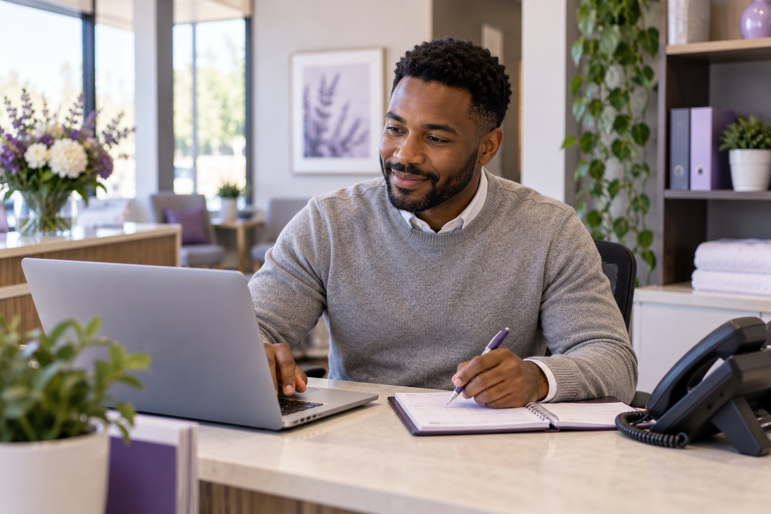 A receptionist reviewing an appointment request at a laptop