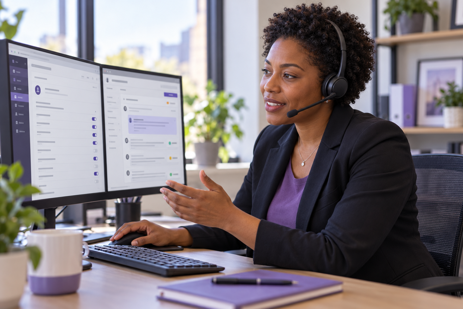 An IT support specialist helping with business email settings and a support ticket