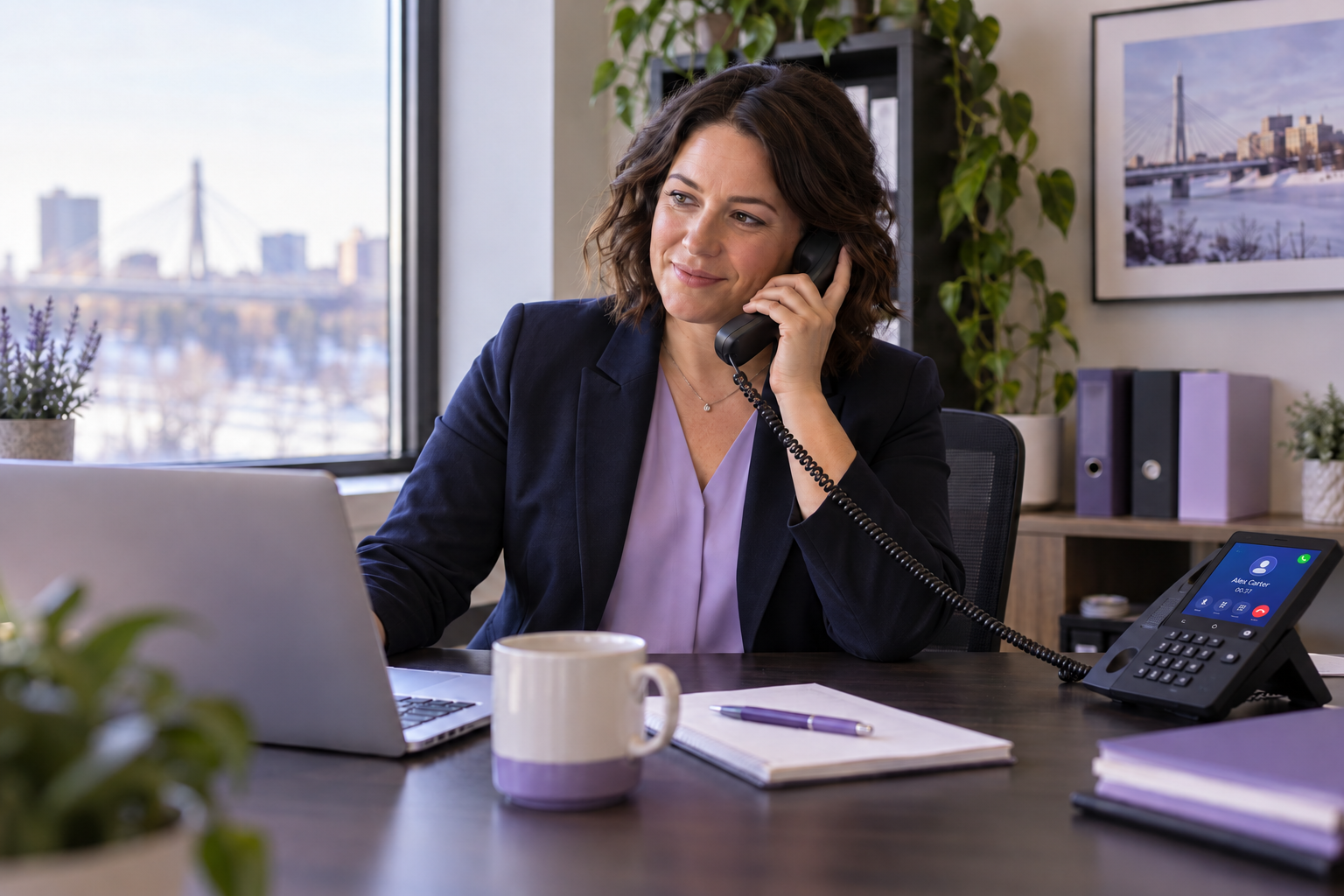 A business owner speaking on a colour-screen VoIP desk phone