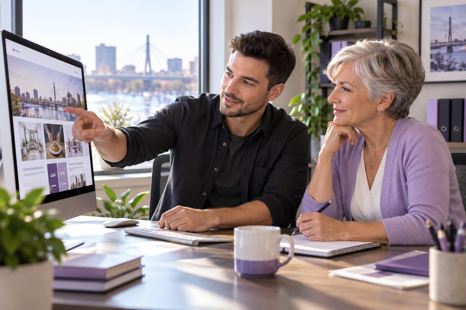 A business owner and web designer reviewing a small-business website